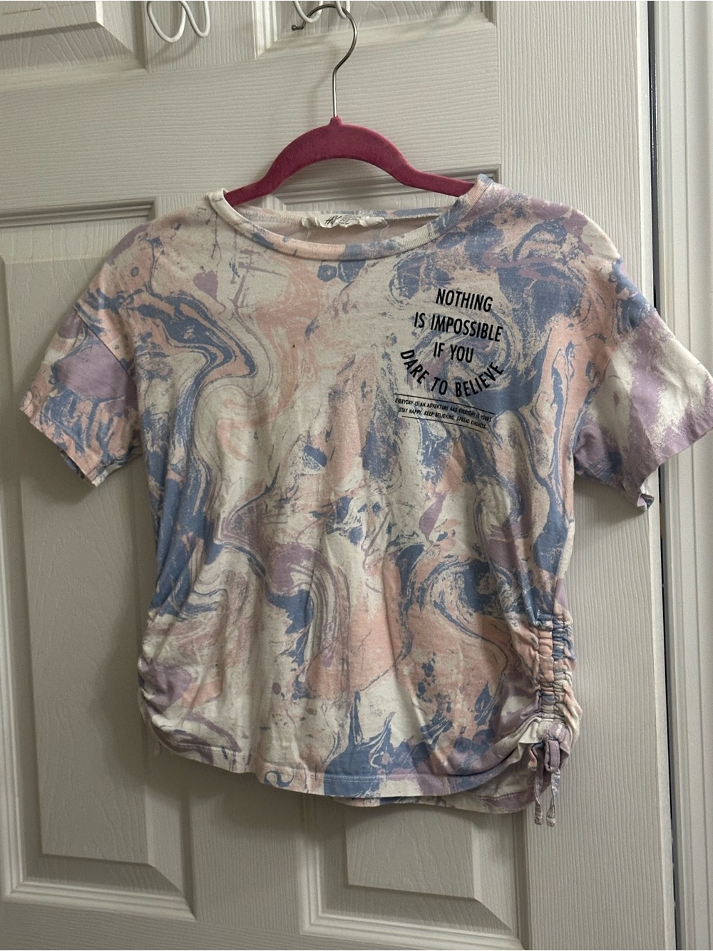 H&M Girls Size 12/14 Tie Dye Marble Short Sleeve T-shirt Top Believe